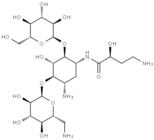 D-Streptamine, O-6-amino-6-deoxy-α-D-glucopyranosyl-(1→4)-O-[α-D-glucopyranosyl-(1→6)]-N1-[(2S)-4-amino-2-hydroxy-1-oxobutyl]-2-deoxy- Struktur