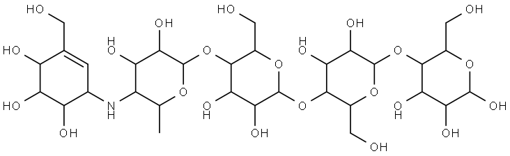 5-((5-((5-((3,4-dihydroxy-6-methyl-5-((4,5,6-trihydroxy-3-(hydroxymethyl)cyclohex-2-en-1-yl)amino)tetrahydro-2H-pyran-2-yl)oxy)-3,4-dihydroxy-6-(hydroxymethyl)tetrahydro-2H-pyran-2-yl)oxy)-3,4-dihydroxy-6-(hydroxymethyl)tetrahydro-2H-pyran-2-yl)oxy)-6-(hydroxymethyl)tetrahydro-2H-pyran-2,3,4-triol Struktur