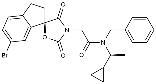 N-benzyl-2-((R)-6-bromo-2',4'-dioxo-2,3-dihydrospiro[indene-1,5'-oxazolidin]-3'-yl)-N-((S)-1-cyclopropylethyl)acetamide Struktur