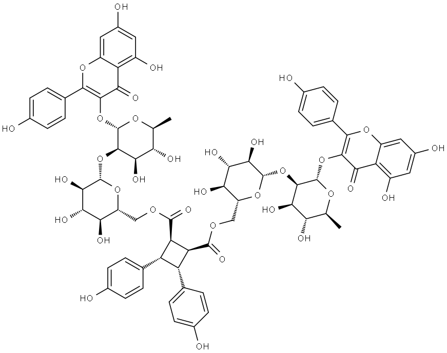 4H-1-Benzopyran-4-one, 3,3'-[6'',6''''-O-[[(1α,2α,3β,4β)-3,4-bis(4-hydroxyphenyl)-1,2-cyclobutanediyl]dicarbonyl]]bis[(6-deoxy-2-O-β-D-glucopyranosyl-α-L-mannopyranosyl)oxy]]bis[5,7-dihydroxy-2-(4-hydroxyphenyl)- Struktur