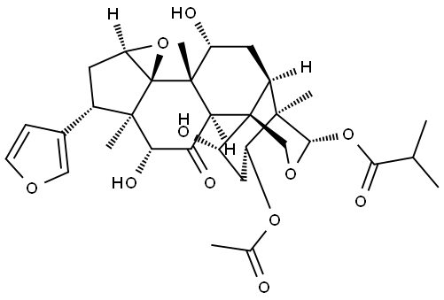 24-Norchola-20,22-diene-4-carboxaldehyde, 3-(acetyloxy)-14,15:21,23-diepoxy-1,7,12,19-tetrahydroxy-4,8-dimethyl-11-oxo-, cyclic 4,19-[2-methyl-1-oxopropyl (S)-acetal], (1α,3α,4β,5α,7α,12α,13α,14β,15β,17α)- Struktur