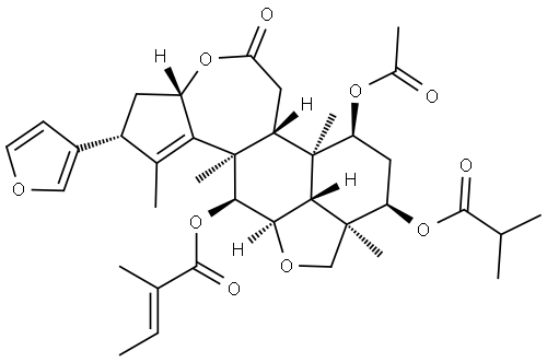 2-Butenoic acid, 2-methyl-, (2R,3aS,6aR,6bR,7S,9R,9aR,11aR,12S,12aR,12cR)-7-(acetyloxy)-2-(3-furanyl)-3a,5,6,6a,6b,7,8,9,9a,10,11a,12,12a,12c-tetradecahydro-1,6b,9a,12a-tetramethyl-9-(2-methyl-1-oxopropoxy)-5-oxo-2H,5H-cyclopent[a]isobenzofuro[7,1-gh][3]benzoxepin-12-yl ester, (2E)- Struktur