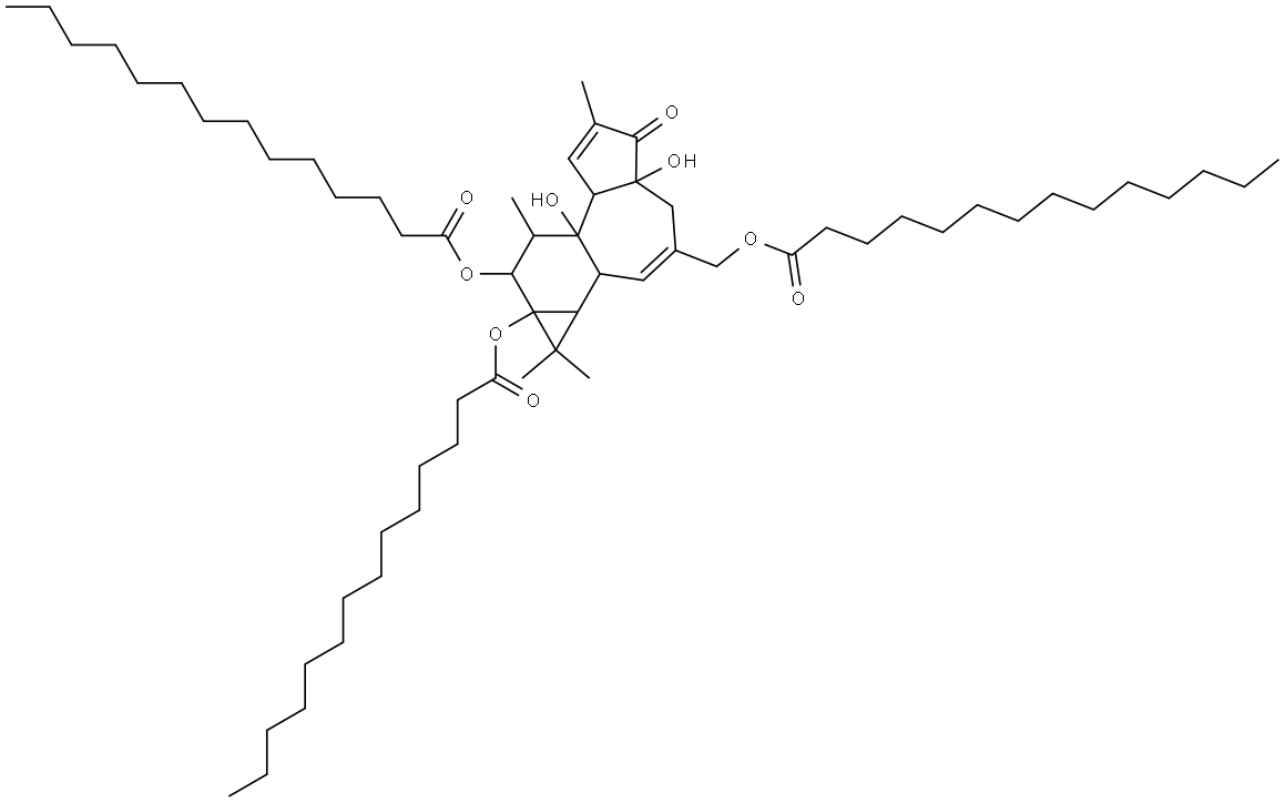 Myristic acid, 3,9,9a-triester with 1,1aα,1bβ,4,4a,7aα,7b,8,9,9a-decahydro-4aβ,7bα,9β,9aα-tetrahydroxy-3-(hydroxymethyl)-1,1,6,8α-tetramethyl-5H-cyclopropa[3,4]benz[1,2-e]azulen-5-one (8CI)