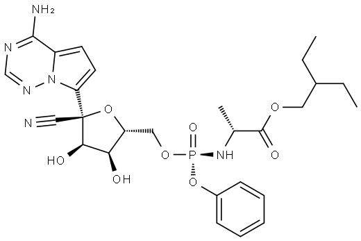 2-ethylbutyl ((R)-(((2R,3S,4R,5R)-5-(4-aminopyrrolo[2,1-f][1,2,4]triazin-7-yl)-5-cyano-3,4-dihydroxytetrahydrofuran-2-yl)methoxy)(phenoxy)phosphoryl)-L-alaninate Struktur