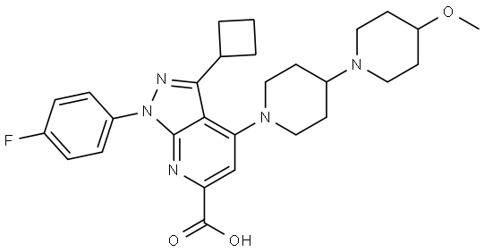 3-cyclobutyl-1-(4-fluorophenyl)-4-(4-methoxy-[1,4'-bipiperidin]-1'-yl)-1H-pyrazolo[3,4-b]pyridine-6-carboxylic acid Struktur