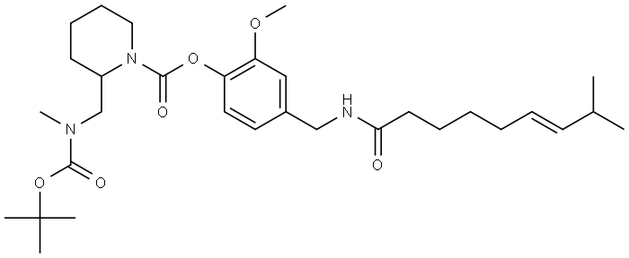 (E)-2-methoxy-4-((8-methylnon-6-enamido)methyl)phenyl 2-(((tert-butoxycarbonyl)(methyl)amino)methyl)piperidine-1-carboxylate Struktur