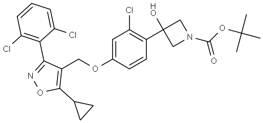 tert-butyl 3-(2-chloro-4-((5-cyclopropyl-3-(2,6-dichlorophenyl)isoxazol-4-yl)methoxy)phenyl)-3-hydroxyazetidine-1-carboxylate Struktur