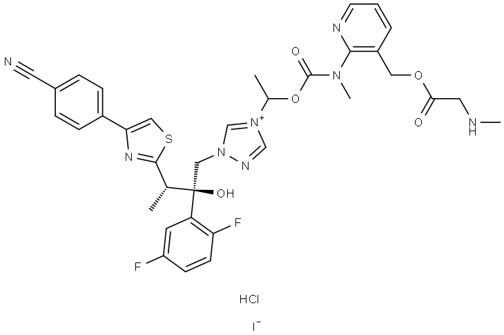 1-((2R,3S)-3-(4-(4-Cyanophenyl)thiazol-2-yl)-2-(2,5-difluorophenyl)-2-hydroxybutyl)-4-(1-((methyl(3-(((methylglycyl)oxy)methyl)pyridin-2-yl)carbamoyl)oxy)ethyl)-1H-1,2,4-triazol-4-ium Iodide Hydrochloride Struktur