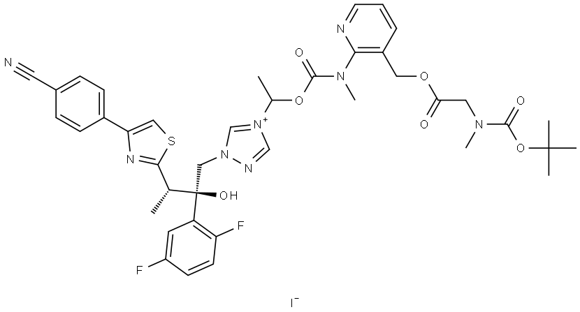 4-(1-(((3-(((N-(Tert-butoxycarbonyl)-N-methylglycyl)oxy)methyl)pyridin-2-yl)(methyl)carbamoyl)oxy)ethyl)-1-((2R,3S)-3-(4-(4-cyanophenyl)thiazol-2-yl)-2-(2,5-difluorophenyl)-2-hydroxybutyl)-1H-1,2,4-triazol-4-ium Iodide Struktur