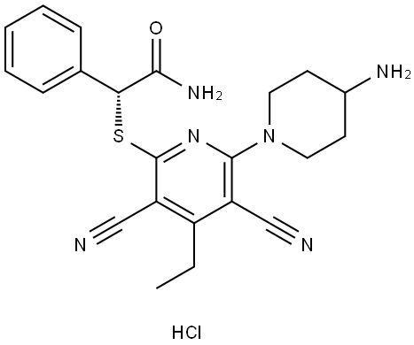 Benzeneacetamide, α-[[6-(4-amino-1-piperidinyl)-3,5-dicyano-4-ethyl-2-pyridinyl]thio]-, hydrochloride (1:1), (αR)- Struktur