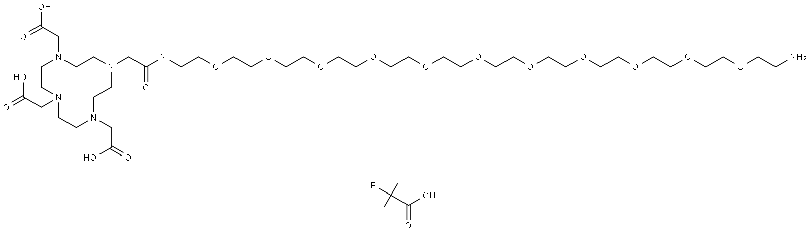 1,4,7,10-Tetraazacyclododecane-1,4,7-triacetic acid, 10-(38-amino-2-oxo-6,9,12,15,18,21,24,27,30,33,36-undecaoxa-3-azaoctatriacont-1-yl)-, 2,2,2-trifluoroacetate (1:1) Struktur