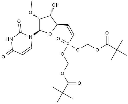 1-[(5Z)-6-[Bis[(2,2-dimethyl-1-oxopropoxy)methoxy]phosphinyl]-5,6-dideoxy-2-O-methyl-β-D-ribo-hex-5-enofuranosyl]-2,4(1H,3H)-pyrimidinedione Struktur