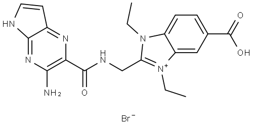 2-((3-amino-5H-pyrrolo[2,3-b]pyrazine-2-carboxamido)methyl)-6-carboxy-1,3-diethyl-1H-benzo[d]imidazol-3-ium bromide Struktur