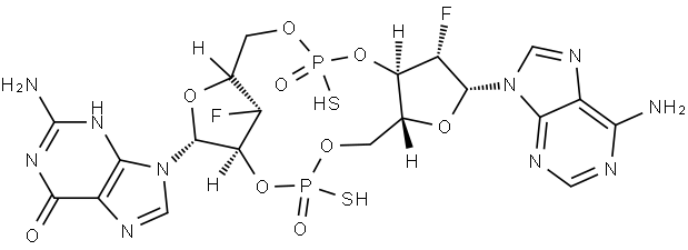 Guanosine, 2'-deoxy-2'-fluoro-5'-O-(hydroxymercaptophosphinyl)-P-thio-β-D-arabino-adenylyl-(3'→5')-3'-deoxy-3'-fluoro-, cyclic nucleotide Struktur