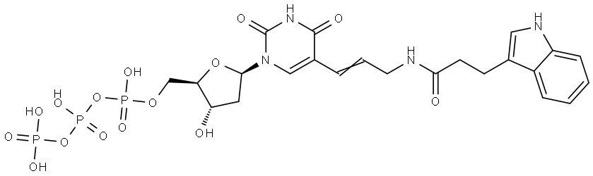 ((2R,3S,5R)-5-(5-((E)-3-(3-(1H-indol-3-yl)propanamido)prop-1-en-1-yl)-2,4-dioxo-3,4-dihydropyrimidin-1(2H)-yl)-3-hydroxytetrahydrofuran-2-yl)methyl tetrahydrogen triphosphate Struktur