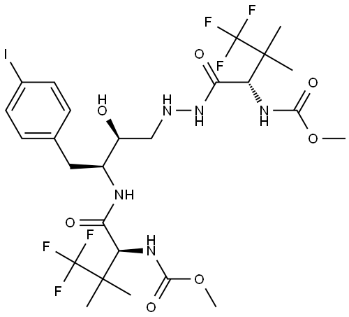 methyl ((5S,8S,9S,14S)-16,16,16-trifluoro-9-hydroxy-8-(4-iodobenzyl)-15,15-dimethyl-3,6,13-trioxo-5-(1,1,1-trifluoro-2-methylpropan-2-yl)-2-oxa-4,7,11,12-tetraazahexadecan-14-yl)carbamate Struktur