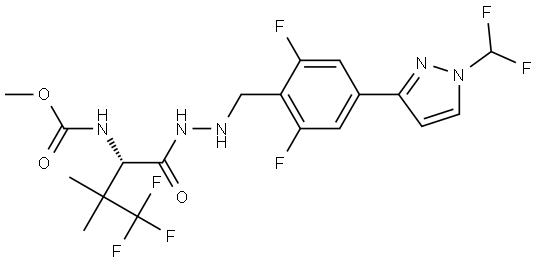 methyl (S)-(1-(2-(4-(1-(difluoromethyl)-1H-pyrazol-3-yl)-2,6-difluorobenzyl)hydrazinyl)-4,4,4-trifluoro-3,3-dimethyl-1-oxobutan-2-yl)carbamate Struktur