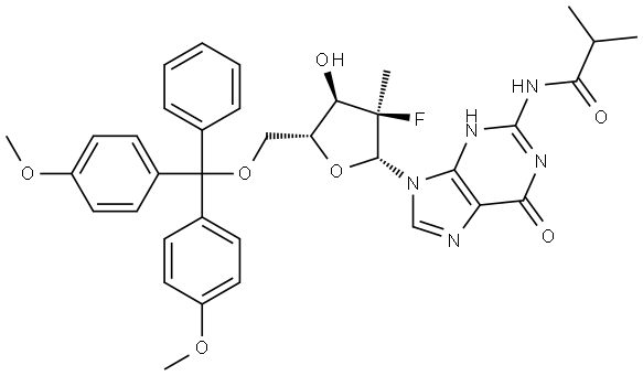 N-(9-[(2R,3R,4R,5R)-5-[(bis(4-methoxyphenyl)(phenyl)methoxy)methyl]-3-fluoro-4-hydroxy-3-methyloxolan-2-yl]-6-oxo-6,9-dihydro-1H-purin-2-yl)-2-methylpropanamide Struktur