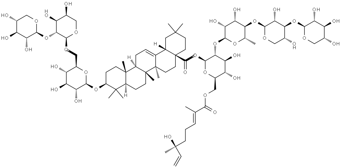 Olean-12-en-28-oic acid, 3-[(O-β-D-xylopyranosyl-(1→2)-O-α-L-arabinopyranosyl-(1→6)-β-D-glucopyranosyl)oxy]-, O-β-D-xylopyranosyl-(1→3)-O-β-D-xylopyranosyl-(1→4)-O-6-deoxy-α-L-mannopyranosyl-(1→2)-6-O-[(2E,6S)-6-hydroxy-2,6-dimethyl-1-oxo-2,7-octadien-1-yl]-β-D-glucopyranosyl ester, (3β)- Struktur