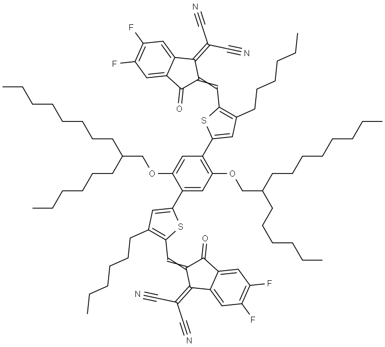 2,2'-((5,5'-(2,5-bis((2-hexyldecyl)oxy)-1,4-phenylene)bis(3-hexylthiophene-5,2-diyl))bis(methanylylidene))bis(5,6-difluoro-3-oxo-2,3-dihydro-1H-indene-2,1-diylidene))dimalononitrile Struktur