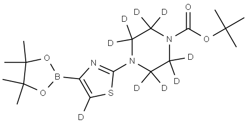 tert-butyl 4-(4-(4,4,5,5-tetramethyl-1,3,2-dioxaborolan-2-yl)thiazol-2-yl-5-d)piperazine-1-carboxylate-2,2,3,3,5,5,6,6-d8 Struktur