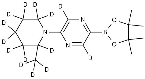 2-(2-(methyl-d3)piperidin-1-yl-2,3,3,4,4,5,5,6,6-d9)-5-(4,4,5,5-tetramethyl-1,3,2-dioxaborolan-2-yl)pyrazine-3,6-d2 Struktur