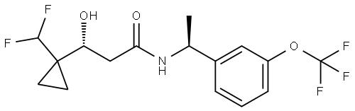 (R)-3-(1-(difluoromethyl)cyclopropyl)-3-hydroxy-N-((S)-1-(3-(trifluoromethoxy)phenyl)ethyl)propanamide Struktur