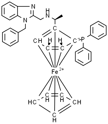 (1S)-1-(Diphenylphosphino)-2-[(1S)-1-[[[1-(phenylmethyl)-1H-benzimidazol-2-yl]methyl]amino]ethyl]ferrocene Struktur