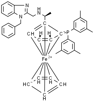 (1S)-1-[Bis(3,5-dimethylphenyl)phosphino]-2-[(1S)-1-[[[1-(phenylmethyl)-1H-benzimidazol-2-yl]methyl]amino]ethyl]ferrocene Struktur