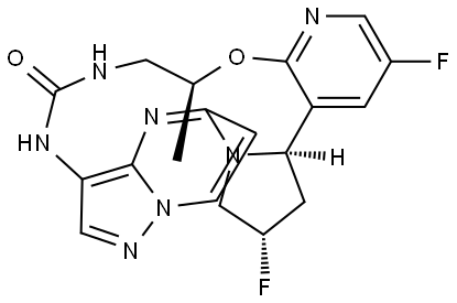 10H-5,7-Ethenopyrazolo[4,3-g]pyrido[3,2-m]pyrrolo[1,2-k][1,4,6,9,11]oxatetraazacyclotetradecin-11(12H)-one, 2,18-difluoro-1,2,3,13,14,19b-hexahydro-14-methyl-, (2S,14S,19bR)- Struktur