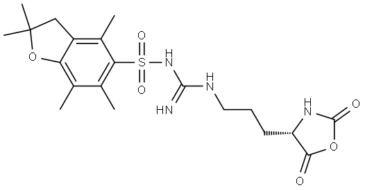 5-Benzofuransulfonamide, N-[[[3-[(4S)-2,5-dioxo-4-oxazolidinyl]propyl]amino]iminomethyl]-2,3-dihydro-2,2,4,6,7-pentamethyl- Struktur