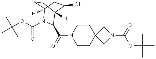 tert-butyl 7-[(1S,3S,4S,5R)-2-(tert-butoxycarbonyl)-5-hydroxy-2-azabicyclo[2.2.2]octane-3-carbonyl]-2,7-diazaspiro[3.5]nonane-2-carboxylate Struktur