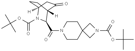 tert-butyl 7-[(1S,3S,4S)-2-(tert-butoxycarbonyl)-5-oxo-2-azabicyclo[2.2.2]octane-3-carbonyl]-2,7-diazaspiro[3.5]nonane-2-carboxylate Struktur