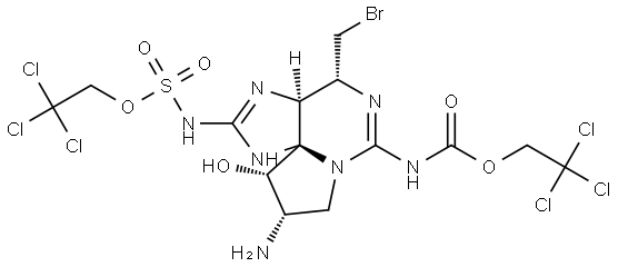 2,2,2-trichloroethyl ((3aS,4R,9S,10S,10aS)-9-amino-4-(bromomethyl)-10-hydroxy-6-(((2,2,2-trichloroethoxy)carbonyl)imino)hexahydro-1H,8H-pyrrolo[1,2-c]purin-2(3H)-ylidene)sulfamate Struktur