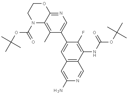 tert-butyl 7-(3-amino-8-((tert-butoxycarbonyl)amino)-7-fluoroisoquinolin-6-yl)-8-methyl-2,3-dihydro-1H-pyrido[2,3-b][1,4]oxazine-1-carboxylate Struktur