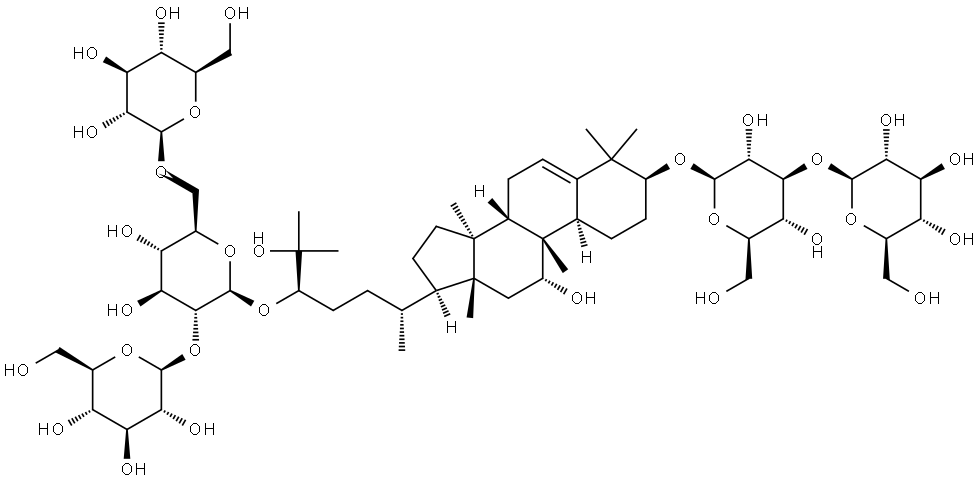 β-D-Glucopyranoside, (3β,9β,10α,11α,24R)-3-[(3-O-β-D-glucopyranosyl-β-D-glucopyranosyl)oxy]-11,25-dihydroxy-9-methyl-19-norlanost-5-en-24-yl O-β-D-glucopyranosyl-(1→2)-O-[β-D-glucopyranosyl-(1→6)]- Struktur