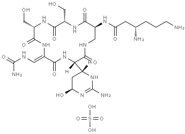 Hexanamide, 3,6-diamino-N-[(3S,6Z,9S,12S,15S)-6-[[(aminocarbonyl)amino]methylene]-3-[(4R,6S)-2-amino-1,4,5,6-tetrahydro-6-hydroxy-4-pyrimidinyl]-9,12-bis(hydroxymethyl)-2,5,8,11,14-pentaoxo-1,4,7,10,13-pentaazacyclohexadec-15-yl]-, (3S)-, sulfate (1:1) Struktur