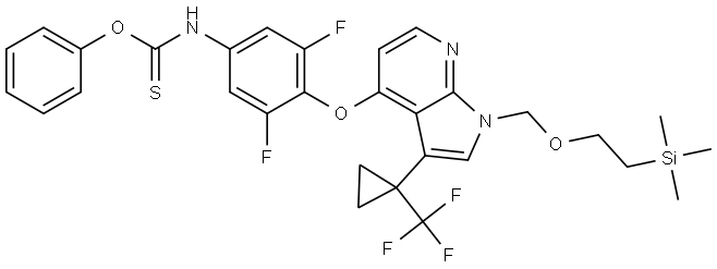 O-Phenyl {3,5-Difluoro-4-[(3-[1-(trifluoromethyl)cyclopropyl]-1-{[2-(trimethylsilyl)ethoxy]methyl}-1H-pyrrolo[2,3-b]pyridin-4-yl)oxy]phenyl}carbamothioate Struktur