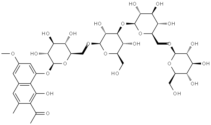 Ethanone, 1-[8-[(O-β-D-glucopyranosyl-(1→6)-O-β-D-glucopyranosyl-(1→3)-O-β-D-glucopyranosyl-(1→6)-β-D-glucopyranosyl)oxy]-1-hydroxy-6-methoxy-3-methyl-2-naphthalenyl]- Struktur