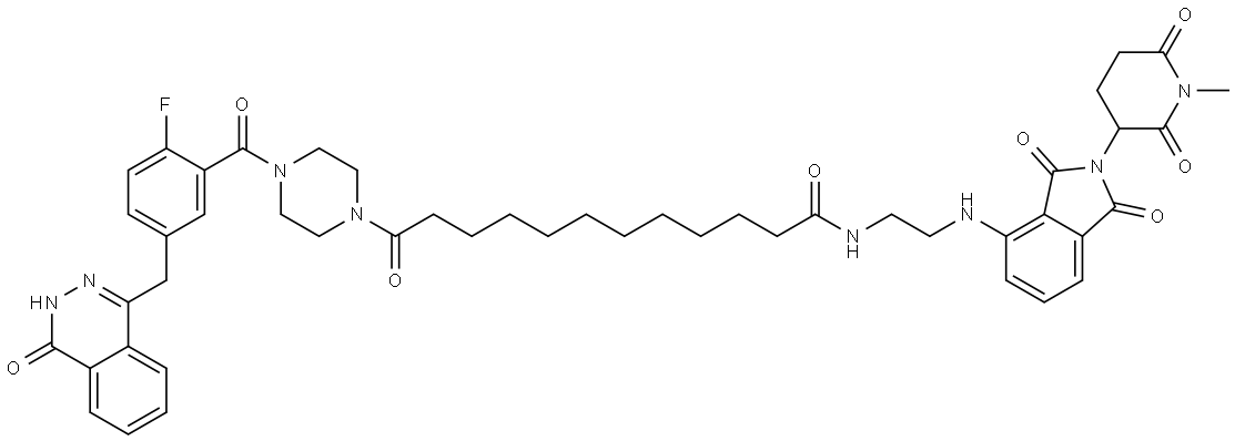 1-Piperazinedodecanamide, N-[2-[[2,3-dihydro-2-(1-methyl-2,6-dioxo-3-piperidinyl)-1,3-dioxo-1H-isoindol-4-yl]amino]ethyl]-4-[5-[(3,4-dihydro-4-oxo-1-phthalazinyl)methyl]-2-fluorobenzoyl]-λ-oxo- Struktur