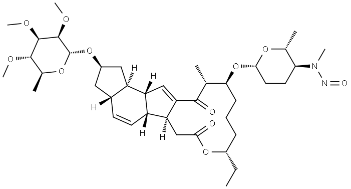 (2R,3aS,5aR,5bS,9S,13S,14R,16aS,16bR)-2-[(6-Deoxy-2,3,4-tri-O-methyl-α-L-mannopyranosyl)oxy]-9-ethyl-2,3,3a,5a,5b,6,9,10,11,12,13,14,16a,16b-tetradecahydro-14-methyl-13-[[(2R,5S,6R)-tetrahydro-6-methyl-5-(methylnitrosoamino)-2H-pyran-2-yl]oxy]-1H-as-indaceno[3,2-d]oxacyclododecin-7,15-dione Struktur