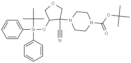 tert-butyl 4-(4-((tert-butyldiphenylsilyl)oxy)-3-cyanotetrahydrofuran-3-yl)piperazine-1-carboxylate Struktur