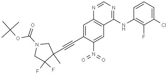 tert-butyl 3-((4-((3-chloro-2-fluorophenyl)amino)-6-nitroquinazolin-7-yl)ethynyl)-4,4-difluoro-3-methylpyrrolidine-1-carboxylate Struktur