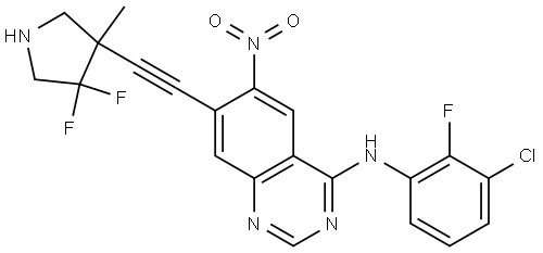 N-(3-chloro-2-fluorophenyl)-7-((4,4-difluoro-3-methylpyrrolidin-3-yl)ethynyl)-6-nitroquinazolin-4-amine Struktur