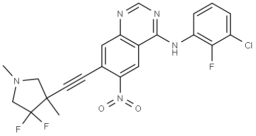 N-(3-chloro-2-fluorophenyl)-7-((4,4-difluoro-1,3-dimethylpyrrolidin-3-yl)ethynyl)-6-nitroquinazolin-4-amine Struktur