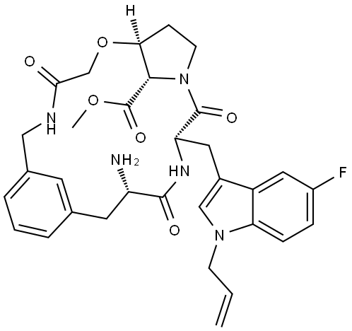 Methyl
(7S,12S,15S,22S)-15-amino-12-[[5-fluoro-1-(2-propen-1-yl)-1H-indol3-yl]methyl]-4,11,14-trioxo-6-oxa-3,10,13-triazatricyclo[15.3.1.17,10]docosa-1(21),17,19-triene-22-carboxylate Struktur