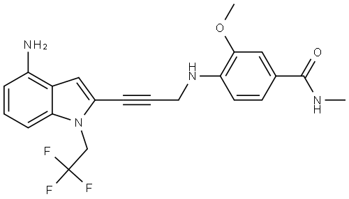 4-((3-(4-amino-1-(2,2,2-trifluoroethyl)-1H-indol-2-yl)prop-2-yn-1-yl)amino)-3-methoxy-N-methylbenzamide Struktur