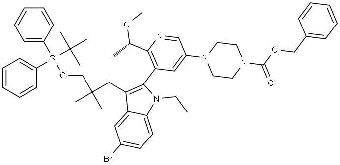 1-Piperazinecarboxylic acid, 4-[5-[5-bromo-3-[3-[[(1,1-dimethylethyl)diphenylsilyl]oxy]-2,2-dimethylpropyl]-1-ethyl-1H-indol-2-yl]-6-[(1S)-1-methoxyethyl]-3-pyridinyl]-, phenylmethyl ester Struktur