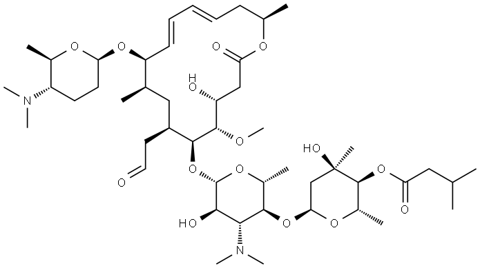 Leucomycin V, 9-O-[(2R,5S,6R)-5-(dimethylamino)tetrahydro-6-methyl-2H-pyran-2-yl]-, 4B-(3-methylbutanoate) Struktur