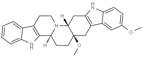 rel-(5bR,7aS,14aS)-5b,6,7,7a,8,13,14,14a,16,17-Decahydro-7a,10-dimethoxy-5H-indolo[3′,2′:8,9]quinolizino[4,3-b]carbazole Struktur